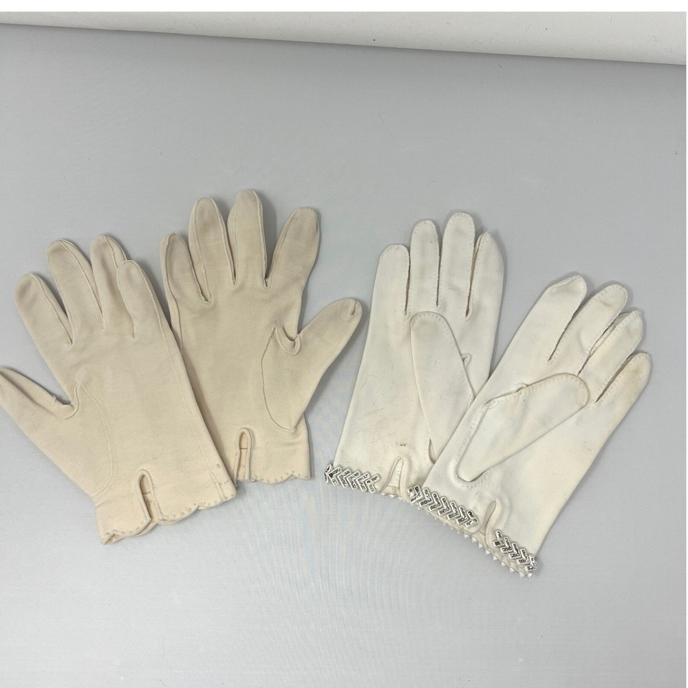 Vintage Womens Gloves White Beige Two Pair Rhinestone Beads Embroidered